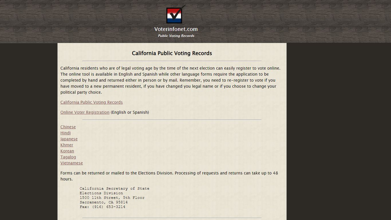 California Public Voting Records - Voterinfonet.com